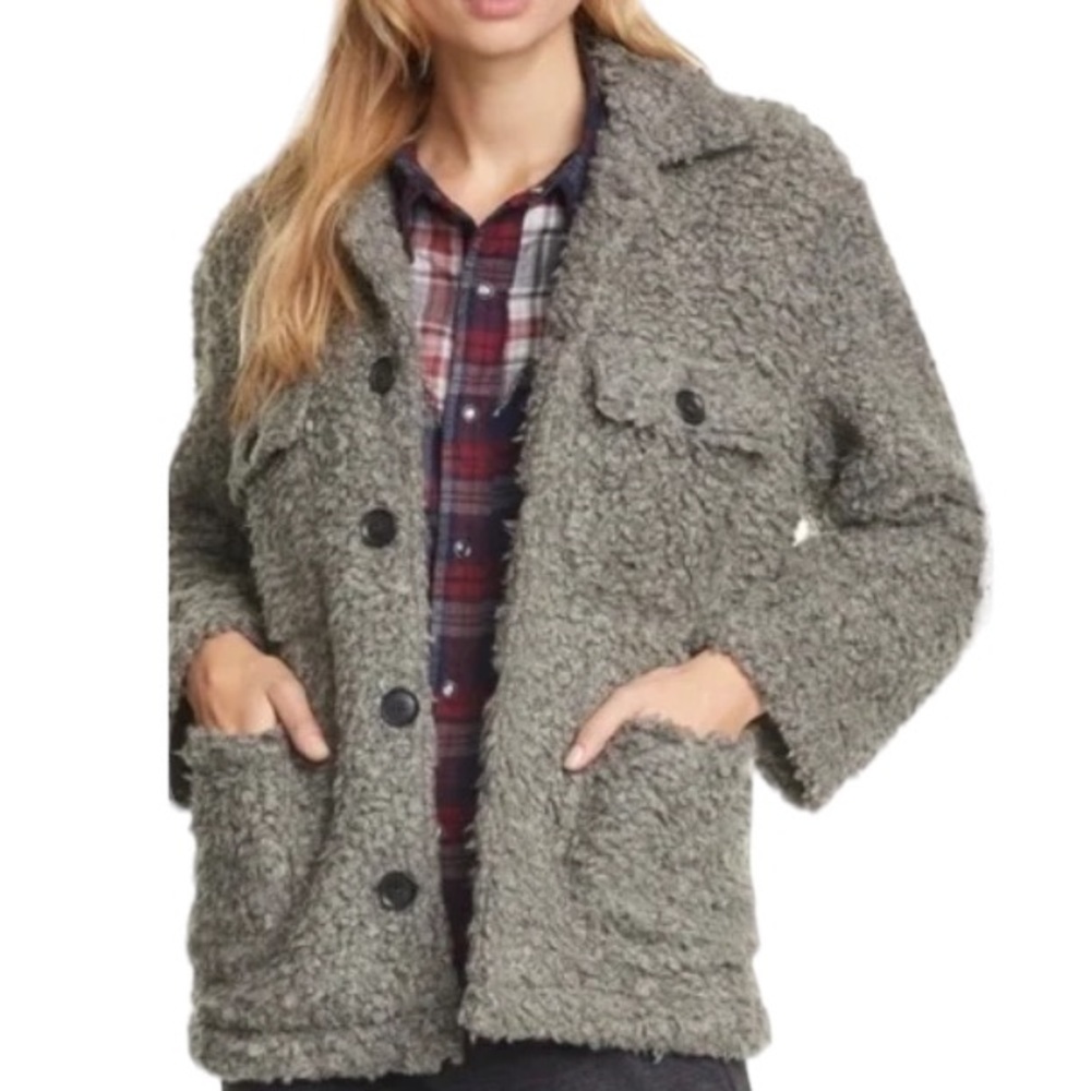 NSF Reese Faux shearling teddy plush utility jacket in grey size S